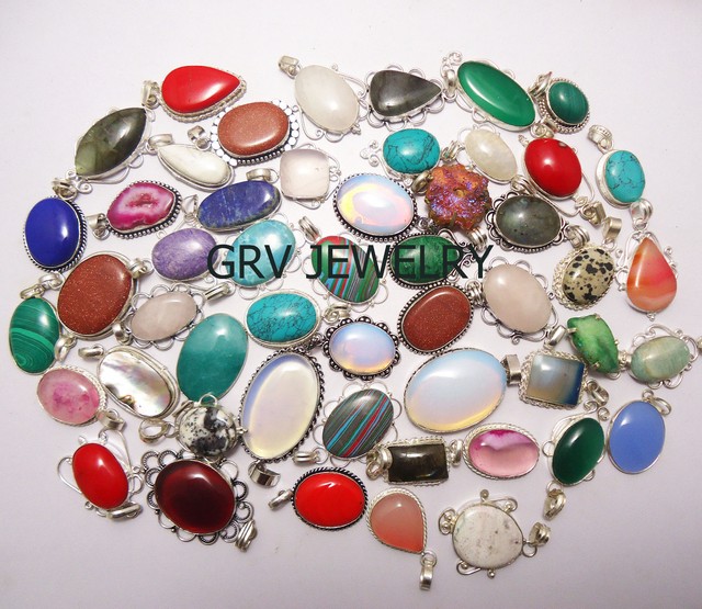 17pcs Pendants Mix Gemstone Jewellery Wholesale 925 Sterling Silver
