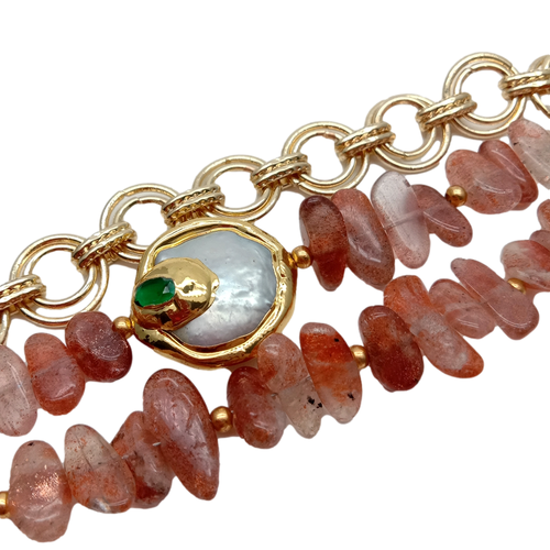 8" 3 Rows Natural Sparkling Sunstone White Coin Pearl Gold Plated Chain Bracelet - Picture 3 of 6