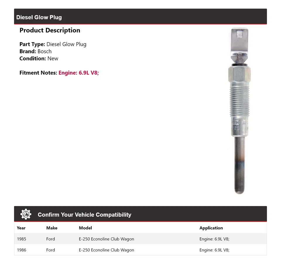 Para Ford E-250 Econoline Club Wagon 1985-1986 6,9 L V8 Bosch Diesel Bujía incandescente Foto 2 de 3
