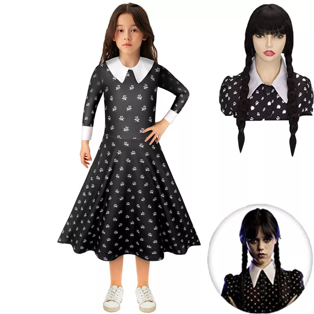 Wednesday Addams Costume Girls Peter Pan Collar Dress Short Sleeve  Halloween Outfit