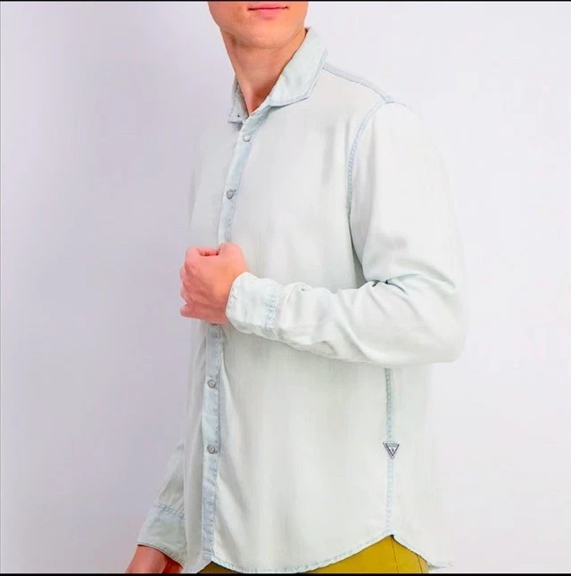Men’s Y2K Guess Size M Western Long Sleeve Washed Light Blue Shirt & Pearl Snap - Image 2 of 4