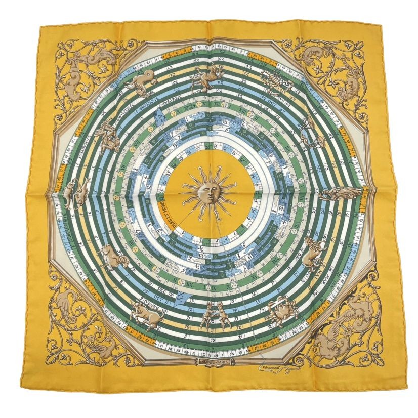 Excellent condition HERMES scarf silk astrology DIES ET HORE zodiac yellow From