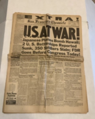 San Francisco Chronicle US AT WAR December 8,  1941 Newspaper