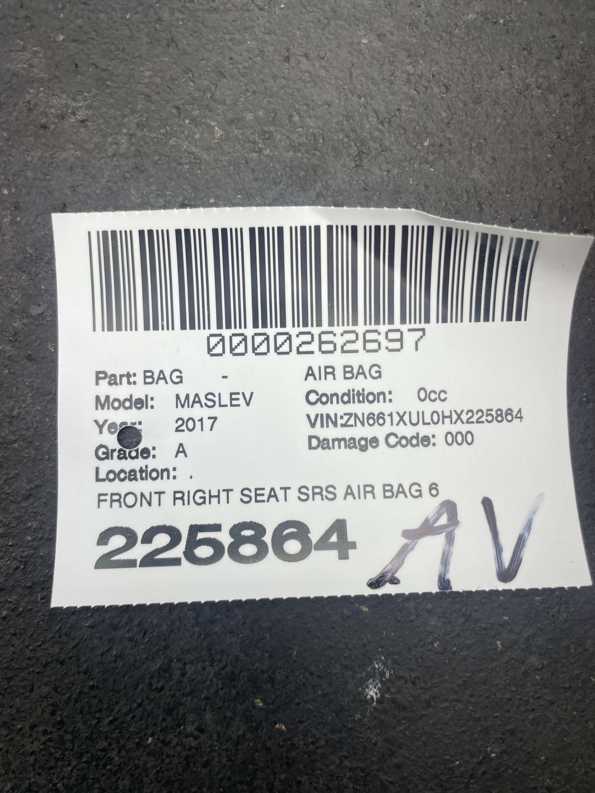 2017-2022 MASERATI LEVANTE M161 OEM FRONT RIGHT SEAT SRS AIR BAG 639896200