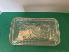 VTG Federal Glass Ribbed Refrigerator Dish with Lid Embossed Fruit 5” x 8 3/4”