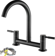 Bridge Kitchen Sink Mixer Tap, 2 Hole Kitchen Bridge Mixer 360° Swivel Black