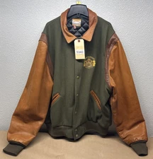 Macanudo Cigar Bomber Jacket Two Tone Brown Leather Olive Green Wool Men’s Sz XL