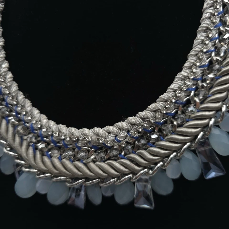 ВИНТАЖНЫЙ CHICO'S кристалл синий бисером ткани серебристого тона металлический нагрудник ожерелье - Изображение 3 из 4