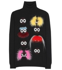 FENDI Creatures Appliqu d Wool  Fur Turtleneck Black Sweater L-XL NWOT
