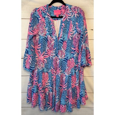 Lilly Pulitzer Blue Pink Pineapple Print Tiered Shift Dress Size 4 Bell Sleeve