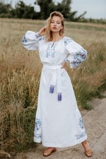 Women's White Ukrainian Linen Embroidered Maxi Dress Floral Vyshyvanka with Belt