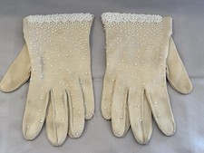 Vintage Cotton Blend Gloves Tiny White Pearls Beads Gloves Bride Wedding Size SM