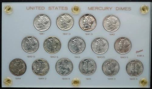 Capital Holder Set 15 Mercury Silver Dimes 1941 - 1945 PDS AU / BU Uncirculated