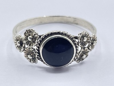 Schöner Vintage Sterlingsilber & Onyx Gänseblümchen verziert Ring Größe P 1/2