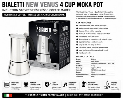 Bialetti New Venus 4 Tassen Mokkakanne Induktion Espresso Kaffeemaschine Silber