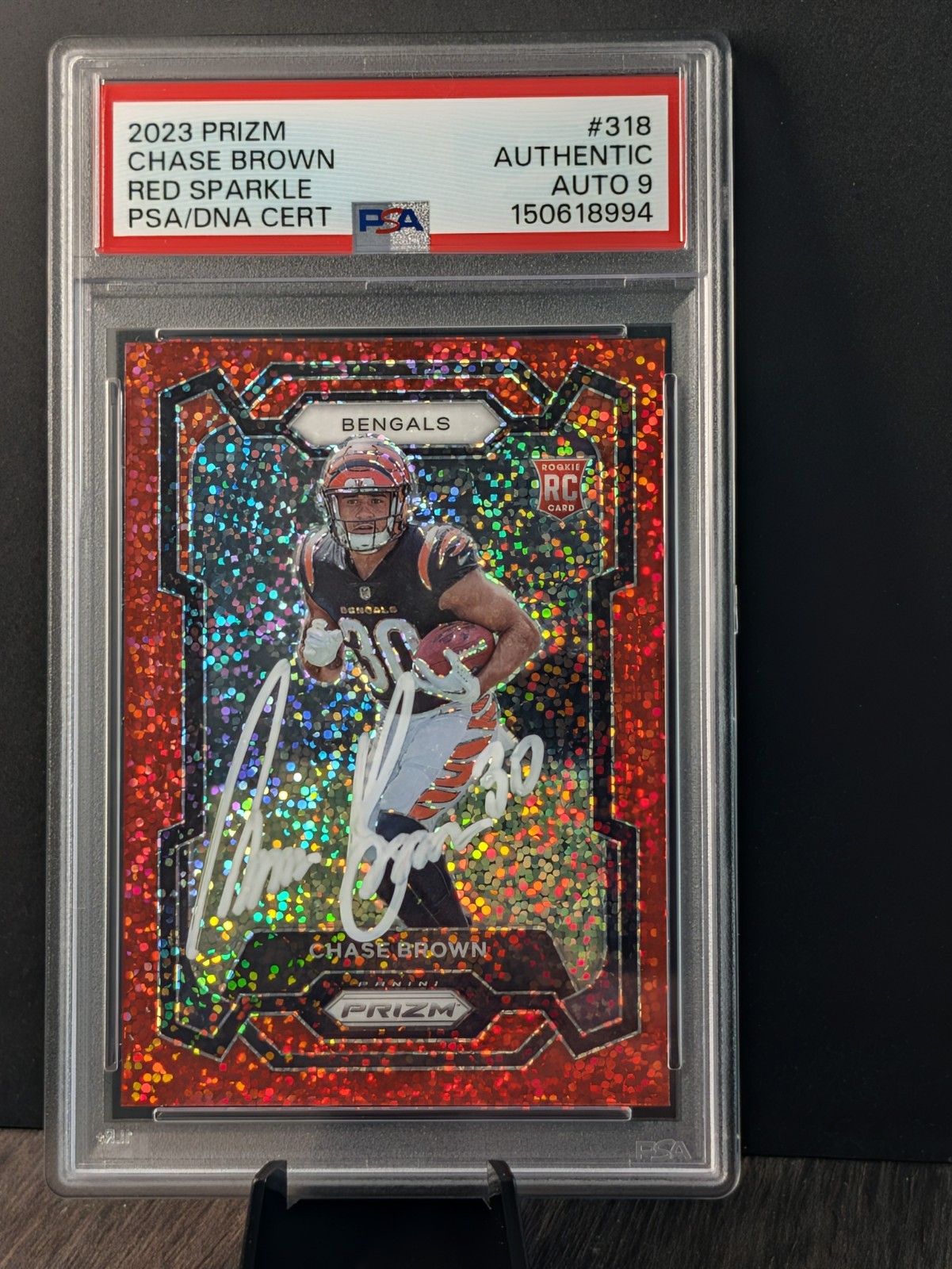 Panini Prizm 2023 Chase Brown Auto RC Red Sparkle Prizm #318 PSA 9 Auth
