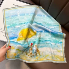 100% Silk Women Scarf Fashion Beach Waves Oil Paiting Small Kerchief Turban 53cm