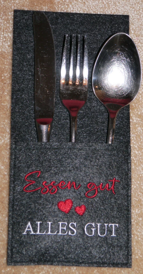 6 Selfmade Bestecktaschen Filz mit Aufschrift Hellgrau Dunkelgrau Schwarz