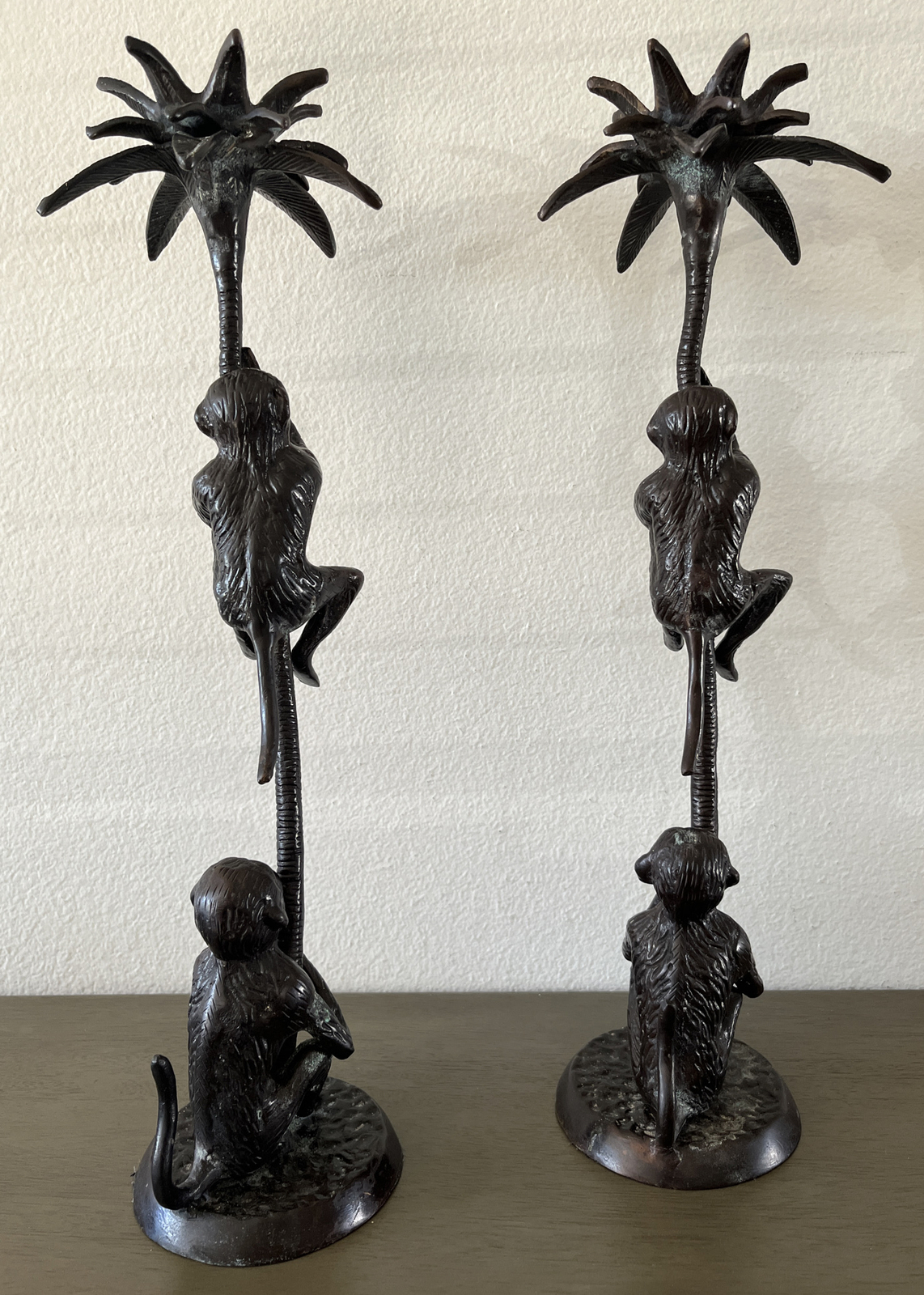 Vintage Pair Of Solid Bronze Monkeys Climbing Palm Tree Candle Holders