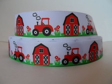 Grosgrain Ribbon Red Tractors Red Barn Flowers Farm Country Living Ranch 7/8"