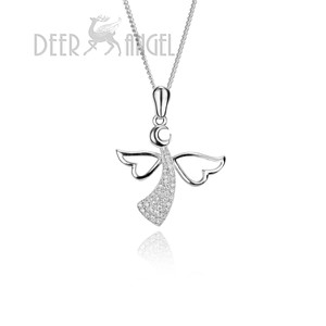 925 Sterling Silver Angel w/Wings Design Cubic Zircon Pendant Necklace 18" Chain