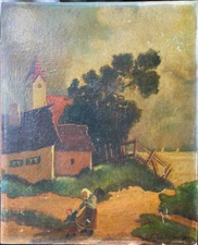 Oil Painting Sign F.Lackemann ? Village Square With Church & Houses Woman Child