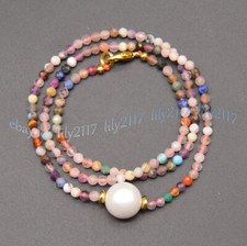 3mm Round Faceted Multicolor Tourmaline White Freshwater Baroque Pearl Necklace