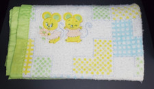 Vintage Green Satin Edge Baby Blanket Acrylic Yellow Elephant Mice 45"x41" READ