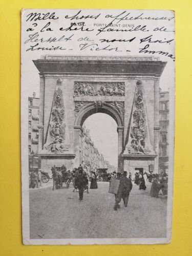 CPA Écrite en 1902 PARIS Porte Saint Denis PORTEUR COLIS à Mme PEETERS FRANCK - Zdjęcie 1 z 2