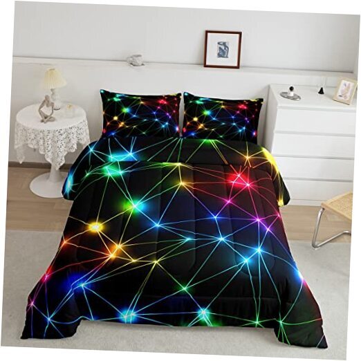 Rainbow Neon Lights Bed Comforter Set Size,Colorful Glowing Queen Multi 13