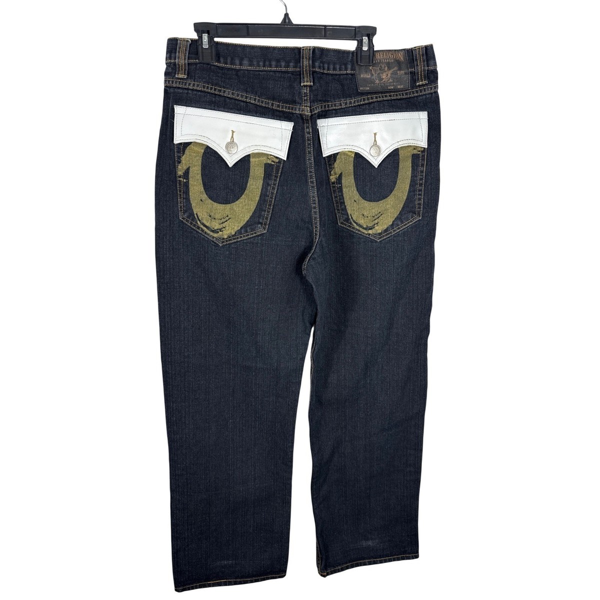 True Religion World Tour Mens Dark Wash Jeans Gold Horseshoe White