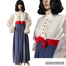 1970s Prairie Victorian Maxi Dress Sheer Sleeves Lace Bib  Red Bow small- med