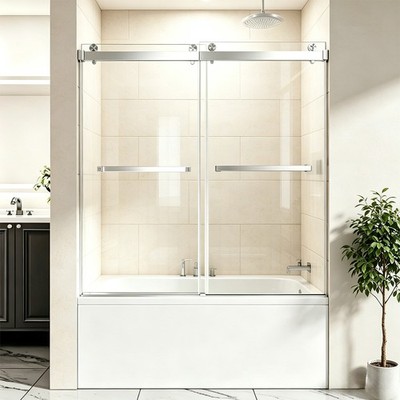 60''W x 62''H Bathtub Shower Door Bathtub Door with Tempered Glass Silver Finish