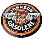 Vintage Johnson Gasoline Sign - Time Tells Gas Oil Pump Plate Porcelain Sign