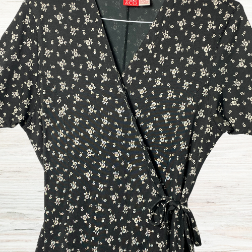 Liz & Co Faux Wrap Dress M Midi Side Tie Black Floral Feminine Summer Casual - Picture 4 of 8