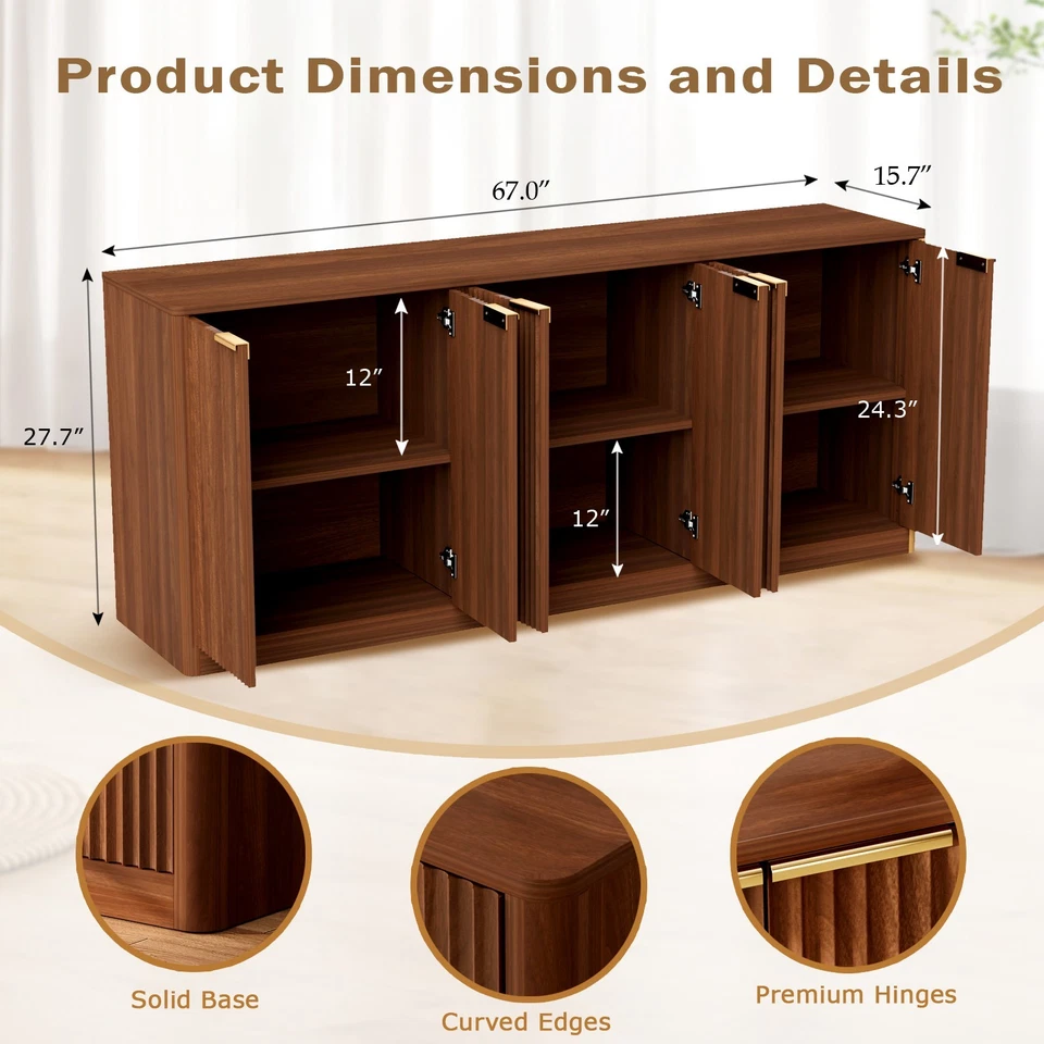 67" Fluted Sideboard Cabinet with 6 Doors Wood Buffet Storage CredenzaAdjustable - Image 2 of 4