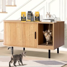 37.4" Cat Litter Box Enclosure with Sliding Door, Fluted Hidden Litter Box