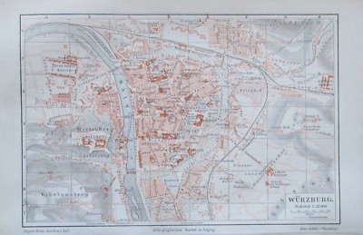 Würzburg Stadtplan Lithographie 1897 alte historische Stadtkarte