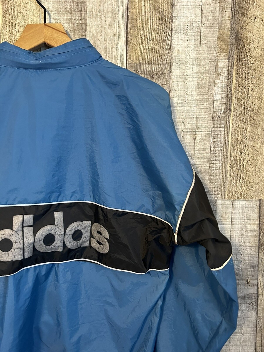 Vintage 80s Adidas Windbreaker Jacket Full Zip Hooded Blue Medium