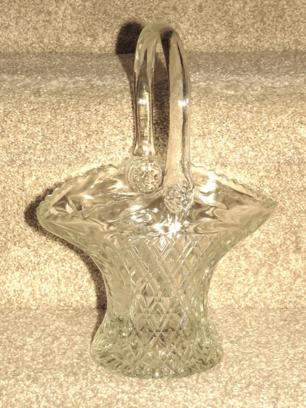 Clear Cut Glass Basket With Handle, Diamond and Floral Design