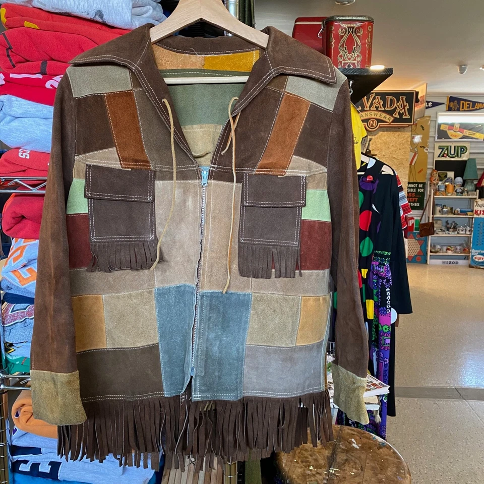 1960s Vintage SUEDE Patchwork Jacket Retro Leather Fringe Coat Hippy Boho - Image 2 of 4