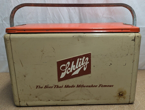 Cassetta del ghiaccio vintage Cronstrom's Schlitz birra metallo picnic 19" - Foto 3 di 10