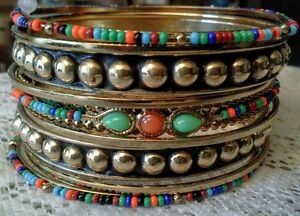 9 Bangles Set Gold Tone Thin Large Dots And Multi Beaded Lines High End Ebay