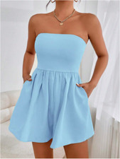 Blue VCAY Solid Backless Tube Romper Sz XS S M L