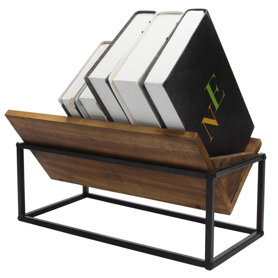 MyGift Burnt Wood and Industrial Metal Trough Style Desktop Storage Bookcase - Image 4 of 4