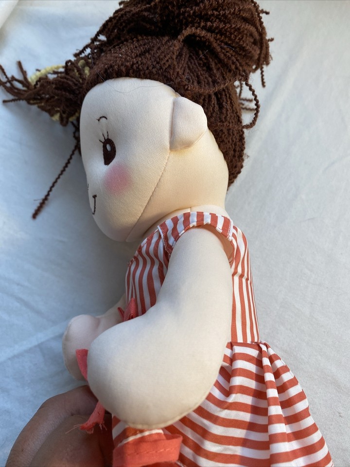 Linzy Toys Plush Doll Brown Hair Yellow Highlights Bow Coral Striped