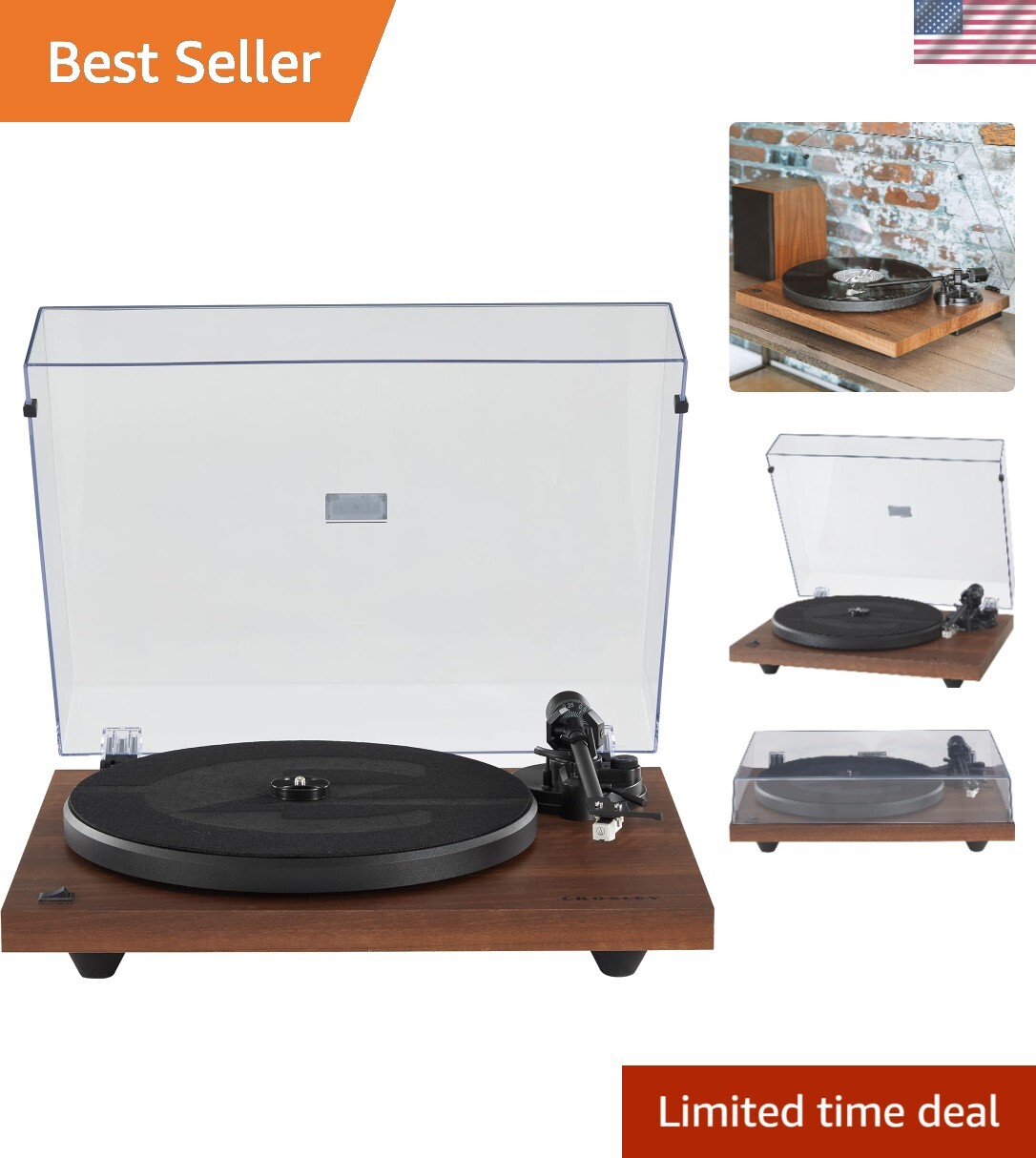 Walnut Belt-Drive Bluetooth Turntable with Adjustable Tone Arm 33 45 RPM Audio-image