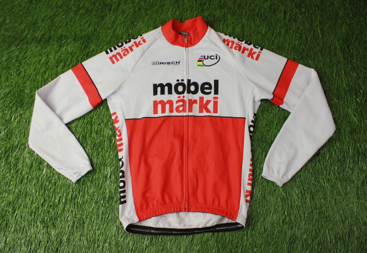 Maillot Cyclisme Maisch Manches Longues – Blanc/Rouge/Noir – Taille S – Très Bon état
