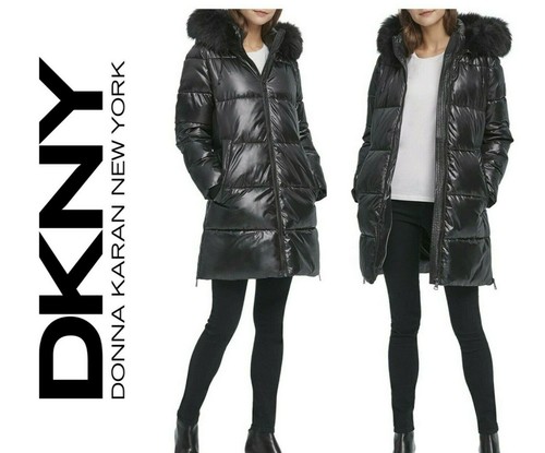 DKNY High-Shine Faux Hooded Puffer Coat 