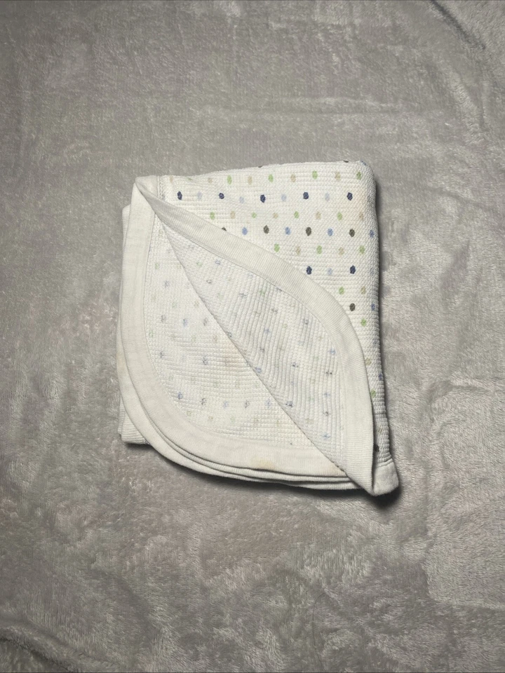 Baby Blanket White Thermal Waffle Weave Polka Dots Blue Green Tan Circles 25x40 - Image 2 of 3